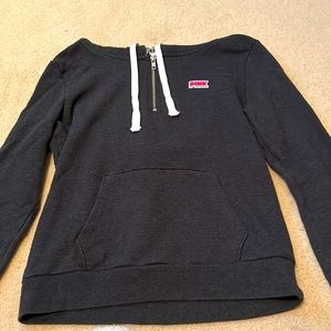 dark grey 1/4 zip with light hood (with graphic)